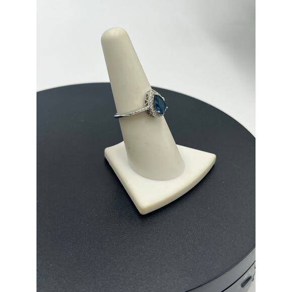 FAS Teardrop Pear Shaped London BlueTopaz Halo CZ sterling Silver Ring sz 7.5 - Picture 2 of 10